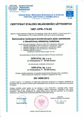 Certyfikat dla Płyt Warstwowych GORLICKA