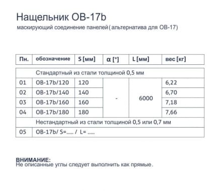 Нащельник OB-17b - Маскирующий соединение панелей (альтернатива для OB-17) - tabela